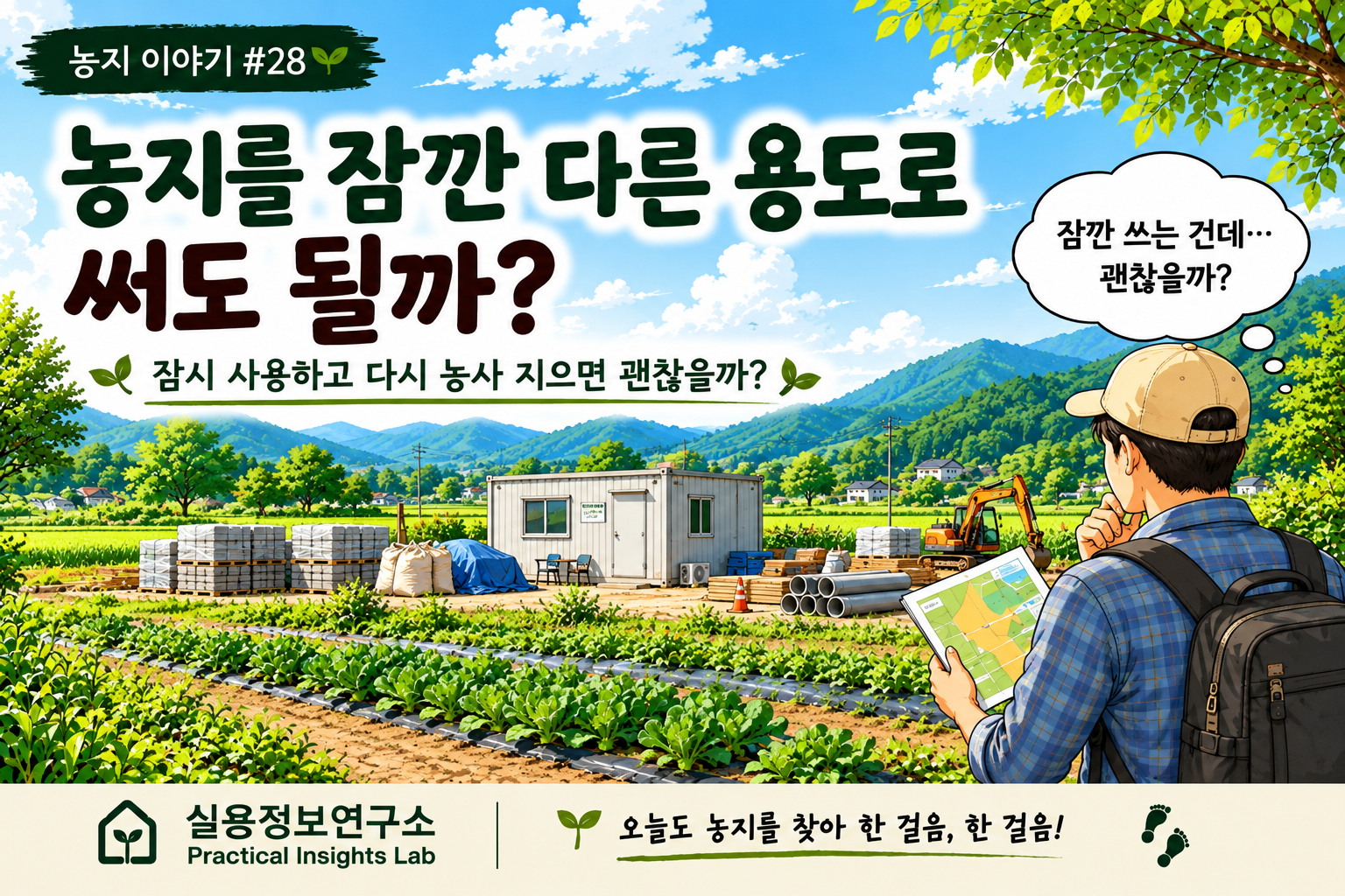 농지 한쪽에 임시 현장사무소와 건축자재가 놓인 모습을 바라보며 농지 일시사용 가능 여부를 고민하는 남성 조사원